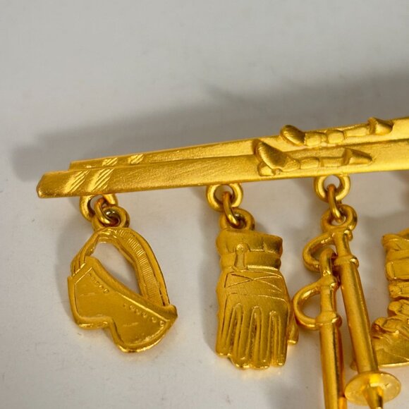 Jonette Jewelry Skiing Charm Brooch Pin Snow Ski Skier Winter Sport Gold Tone JJ - Picture 4 of 8